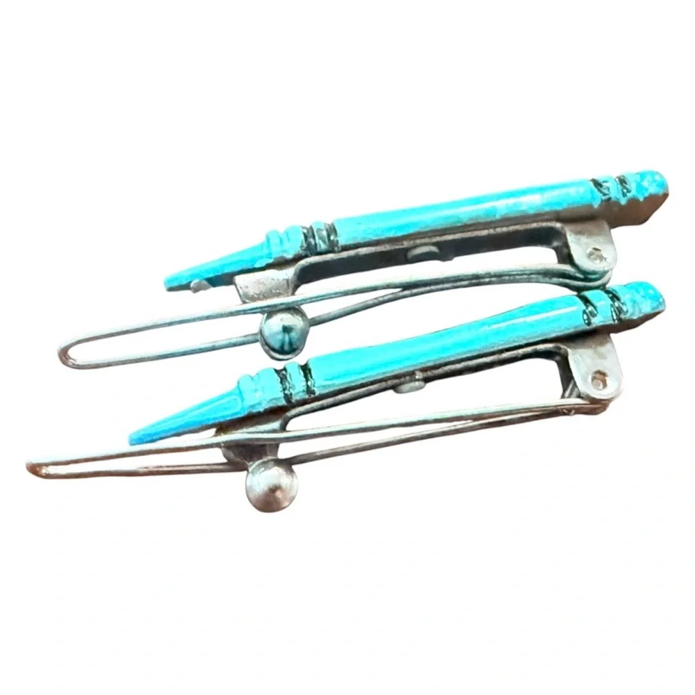 1970s‎ Vintage Blue Crayon Metal Barrettes Hair Clips, Deadstock, 2” Long